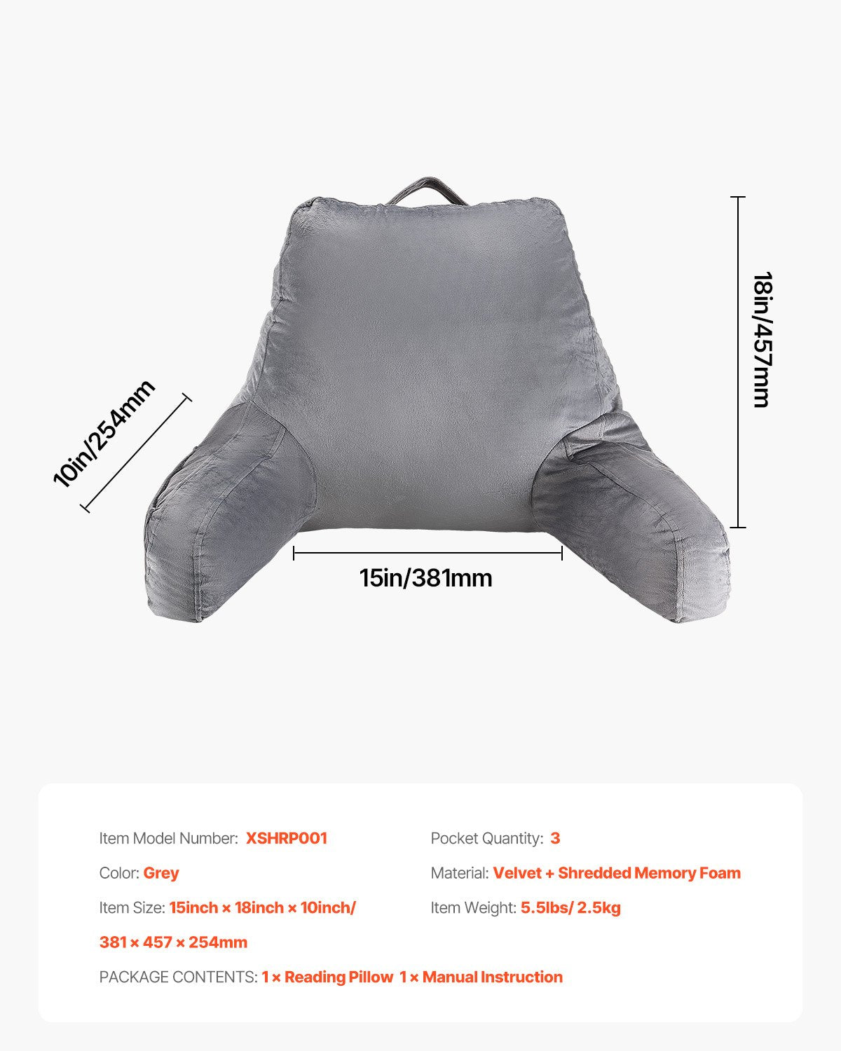 Luxurious Grey Reading Pillow with Shredded Memory Foam, 3 Pockets & Washable Velvet for TV, Gaming, Relaxing, Portable with Handle