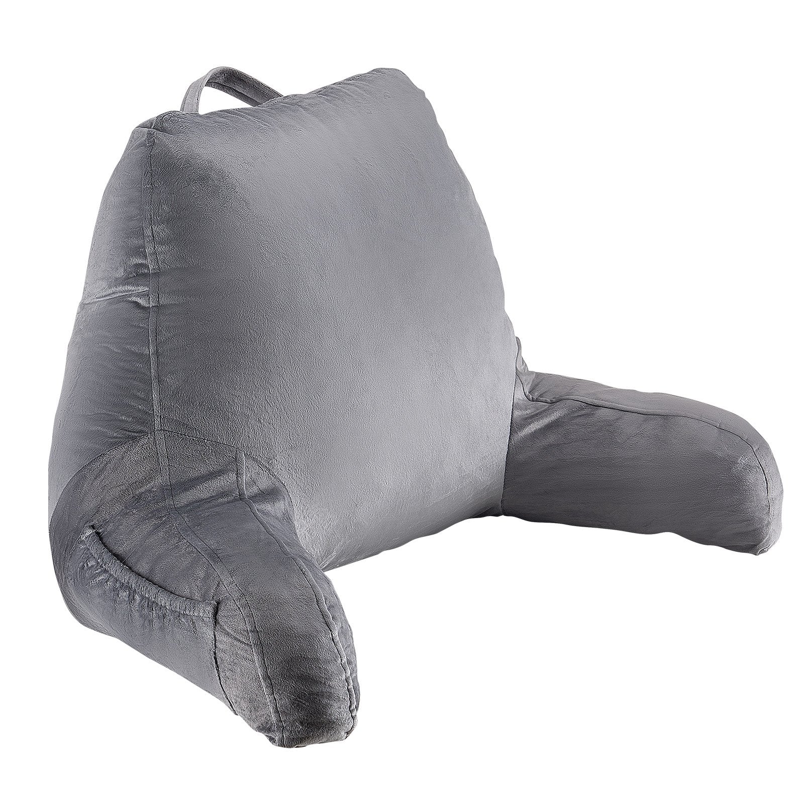 Luxurious Grey Reading Pillow with Shredded Memory Foam, 3 Pockets & Washable Velvet for TV, Gaming, Relaxing, Portable with Handle