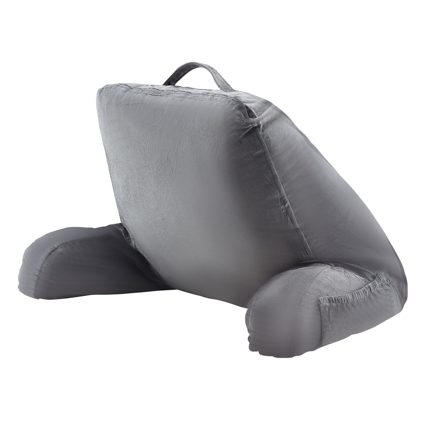 Luxurious Grey Reading Pillow with Shredded Memory Foam, 3 Pockets & Washable Velvet for TV, Gaming, Relaxing, Portable with Handle