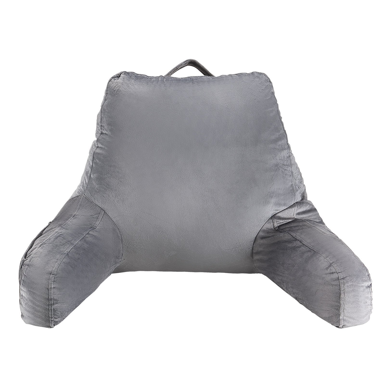 Luxurious Grey Reading Pillow with Shredded Memory Foam, 3 Pockets & Washable Velvet for TV, Gaming, Relaxing, Portable with Handle