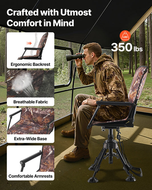 Ultimate Hunting Chair with 360° Silent Swivel, Foldable Design, Heavy-Duty Steel Frame, Armrests, Anti-Sink Feet, Adjustable Height, 350 Lbs Capacity