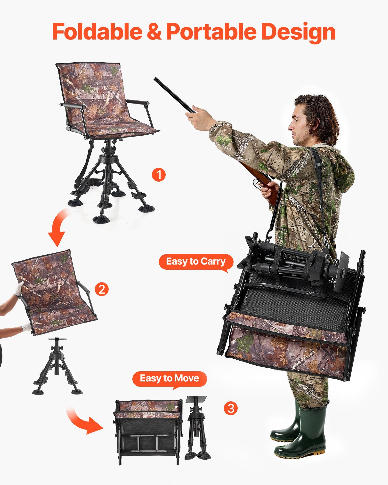 Ultimate Hunting Chair with 360° Silent Swivel, Foldable Design, Heavy-Duty Steel Frame, Armrests, Anti-Sink Feet, Adjustable Height, 350 Lbs Capacity