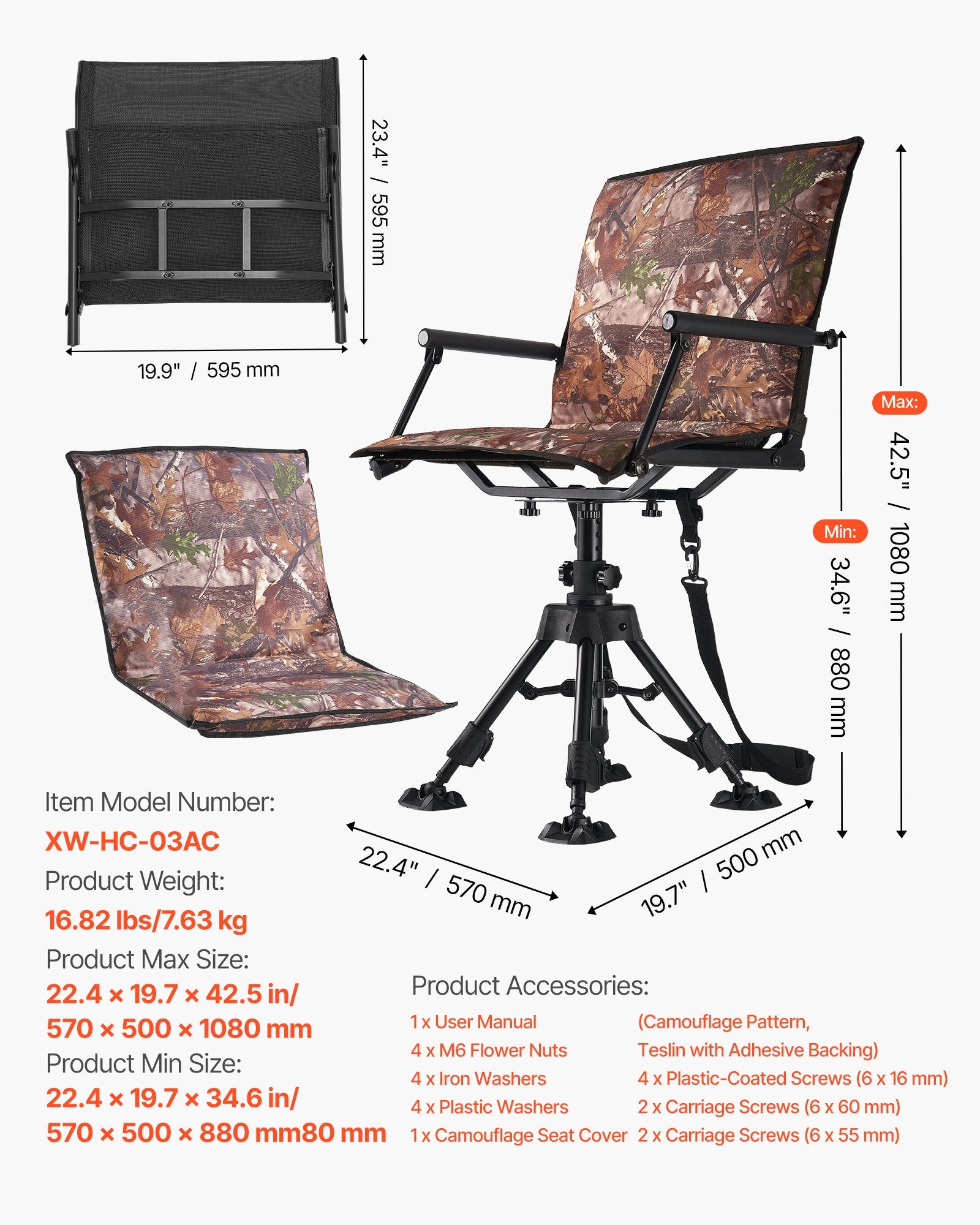 Ultimate Hunting Chair with 360° Silent Swivel, Foldable Design, Heavy-Duty Steel Frame, Armrests, Anti-Sink Feet, Adjustable Height, 350 Lbs Capacity