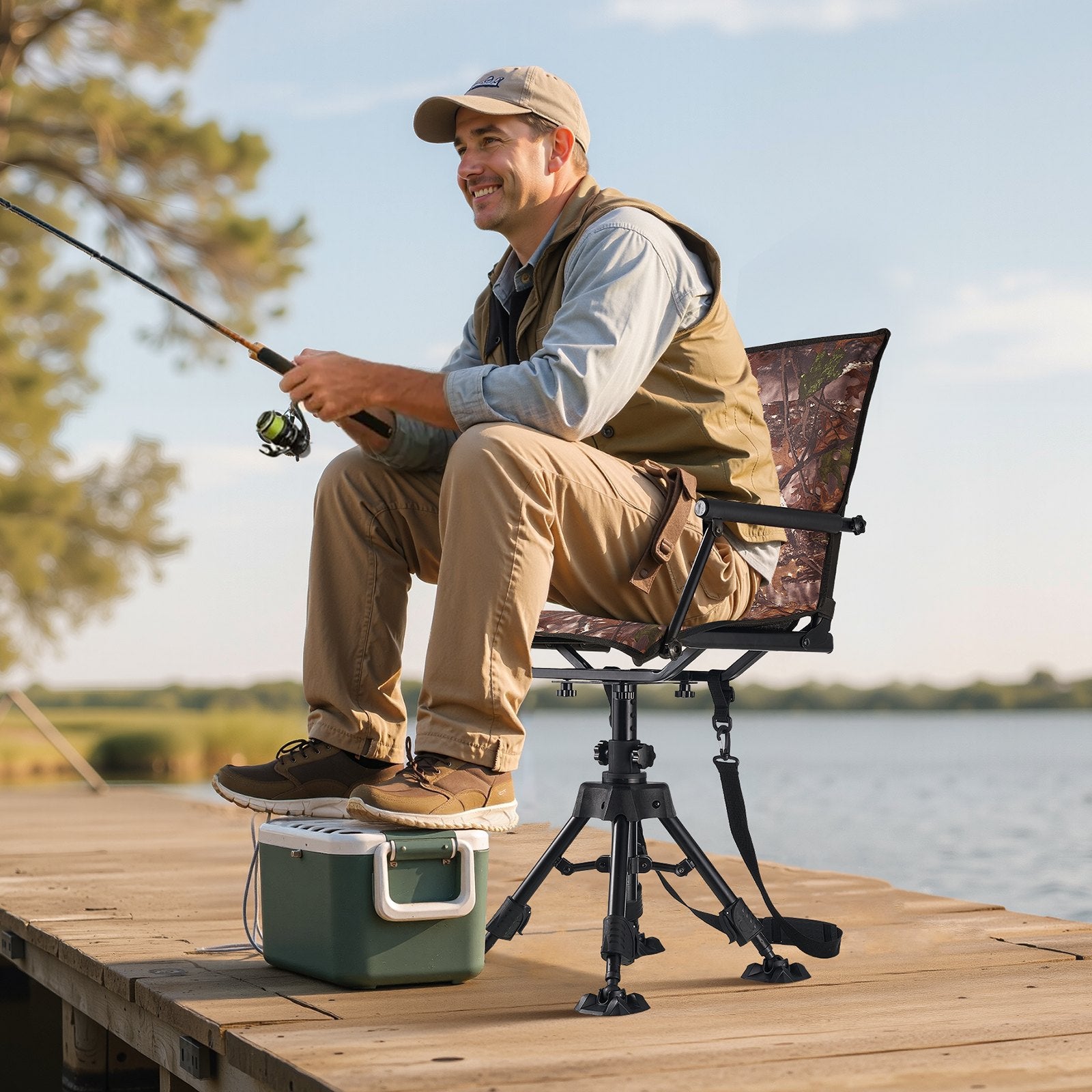 Ultimate Hunting Chair with 360° Silent Swivel, Foldable Design, Heavy-Duty Steel Frame, Armrests, Anti-Sink Feet, Adjustable Height, 350 Lbs Capacity