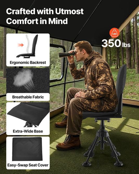 Ultimate Hunting and Fishing Chair: 360° Silent Swivel, Foldable, Heavy-Duty Steel Frame, Height Adjustable, Anti-Sink Feet, 350 Lbs Capacity