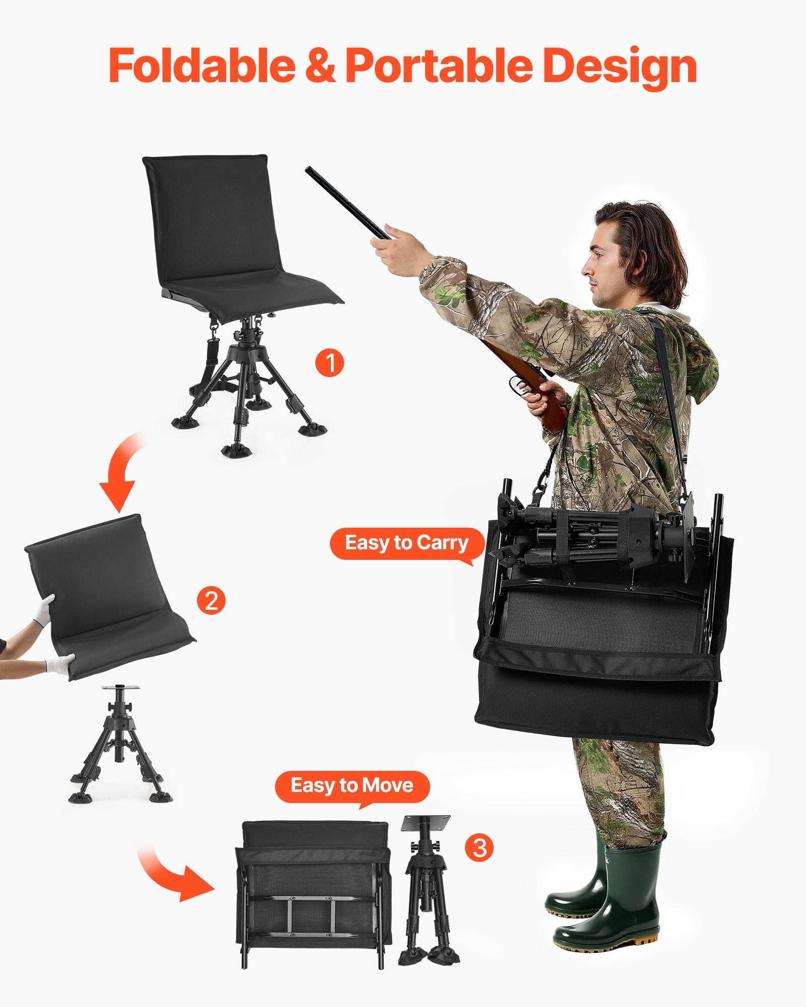 Ultimate Hunting and Fishing Chair: 360° Silent Swivel, Foldable, Heavy-Duty Steel Frame, Height Adjustable, Anti-Sink Feet, 350 Lbs Capacity