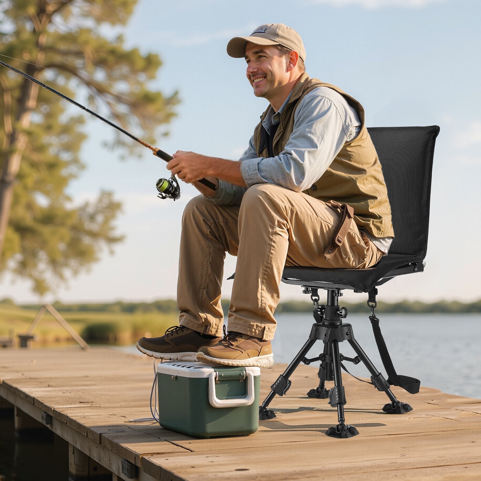 Ultimate Hunting and Fishing Chair: 360° Silent Swivel, Foldable, Heavy-Duty Steel Frame, Height Adjustable, Anti-Sink Feet, 350 Lbs Capacity