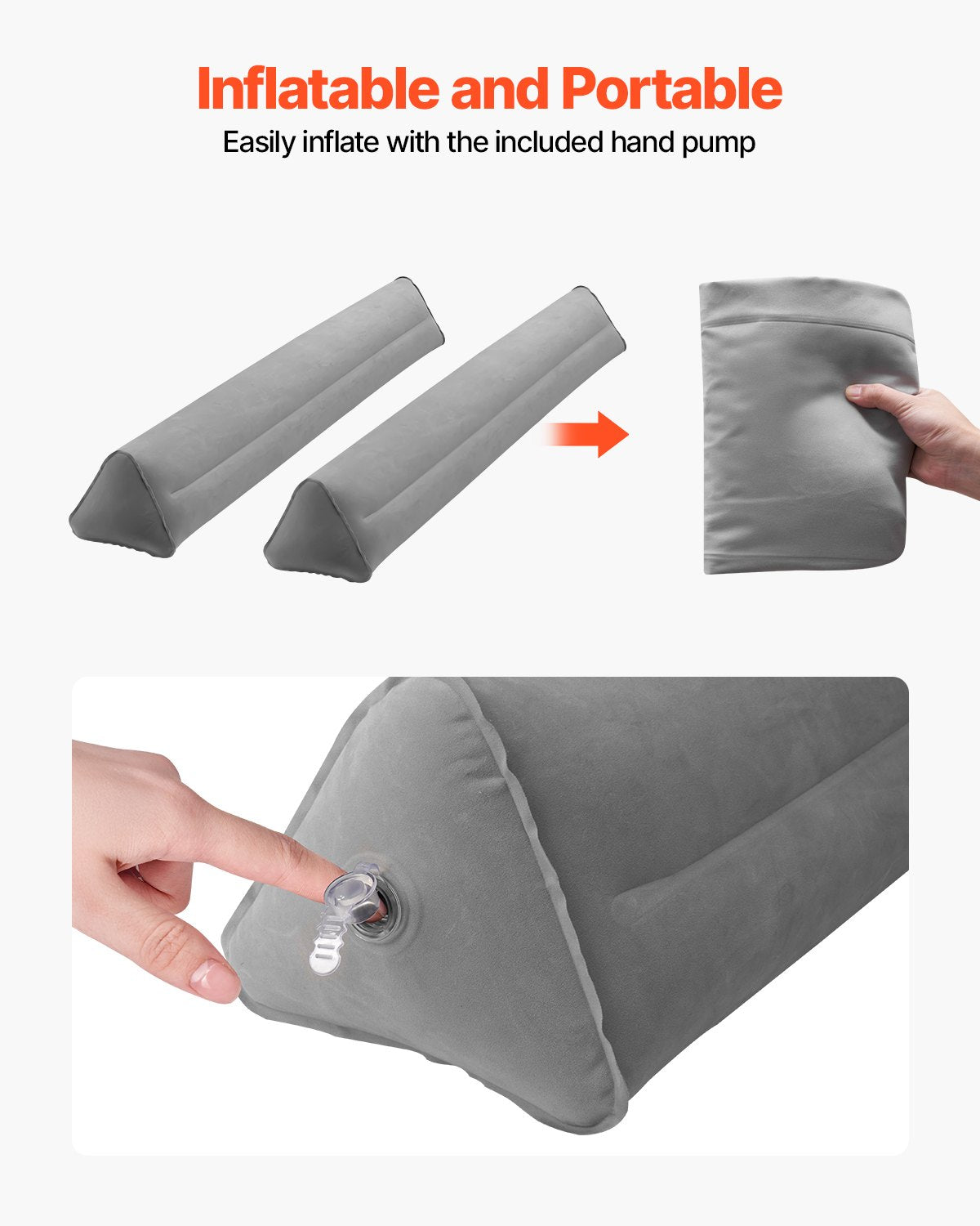 Inflatable Toddler Bed Bumper Rail - 47.4" Non-Slip Flocking Guard with Hand Pump, Fits Twin to King Beds, Lightweight & Portable (2 Pack)