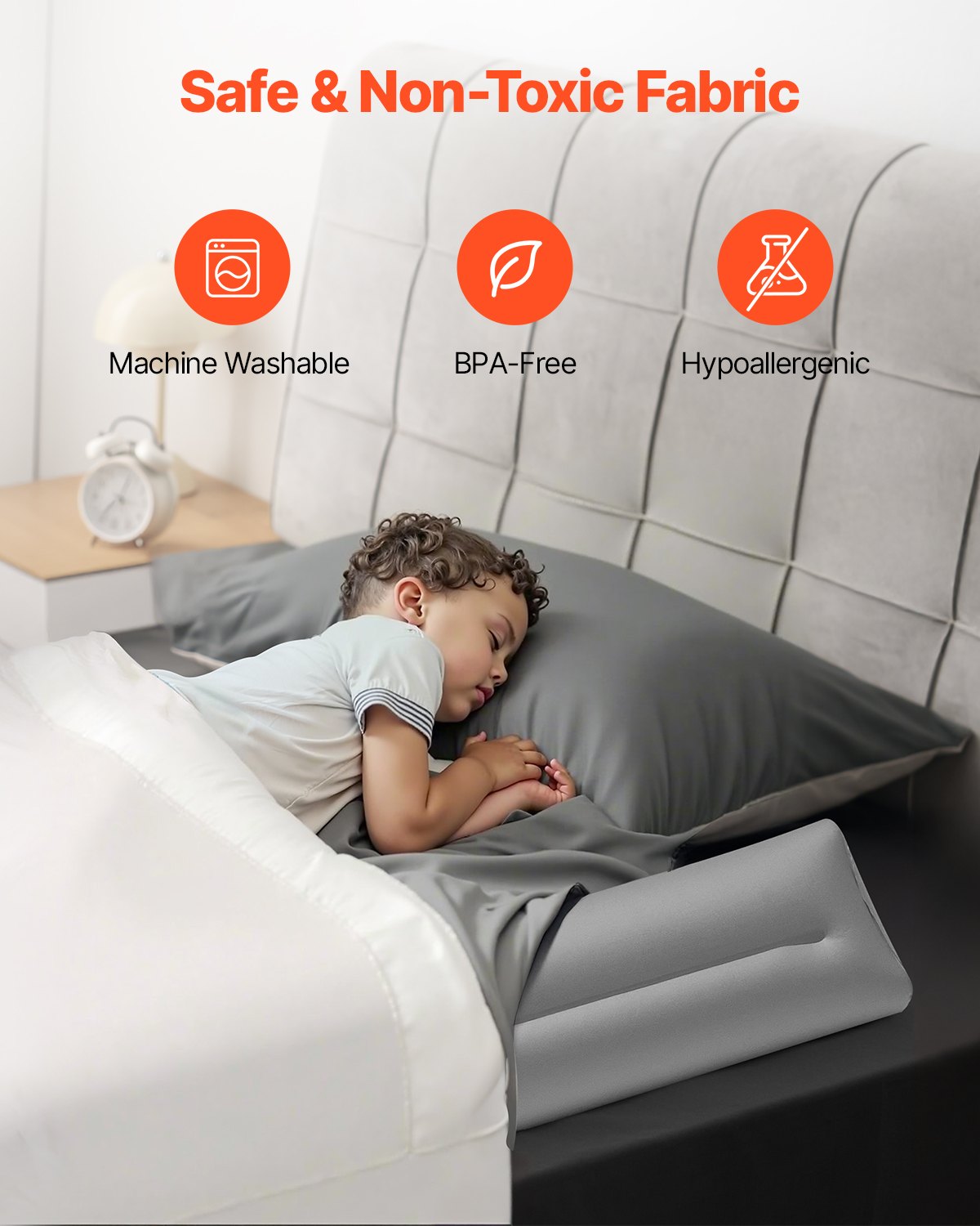 Inflatable Toddler Bed Bumper Rail - 47.4" Non-Slip Flocking Guard with Hand Pump, Fits Twin to King Beds, Lightweight & Portable (2 Pack)