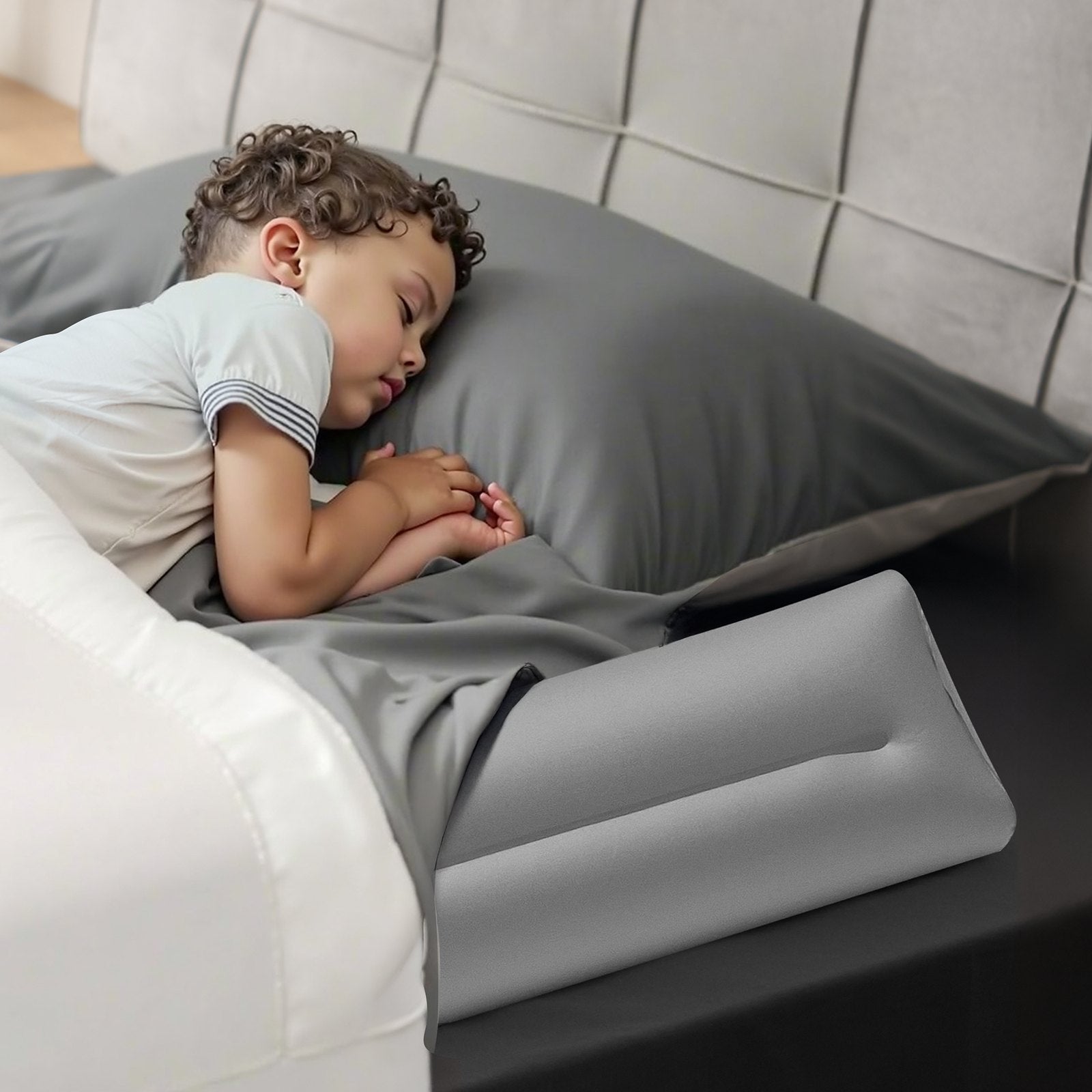 Inflatable Toddler Bed Bumper Rail - 47.4" Non-Slip Flocking Guard with Hand Pump, Fits Twin to King Beds, Lightweight & Portable (2 Pack)