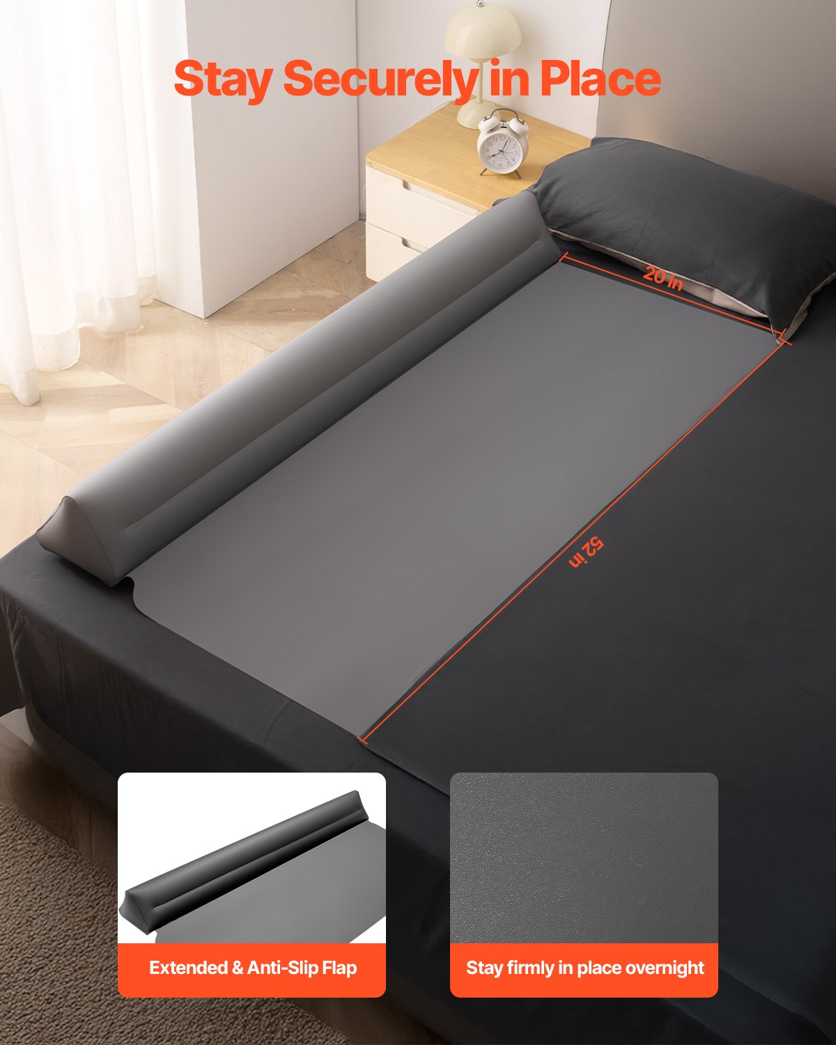 Inflatable Toddler Bed Bumper with Safety Flap - 52" Non-Slip Guard for Twin, Full, Queen, King Beds - Lightweight, Portable, Easy Installation for Home & Travel (2-Pack)