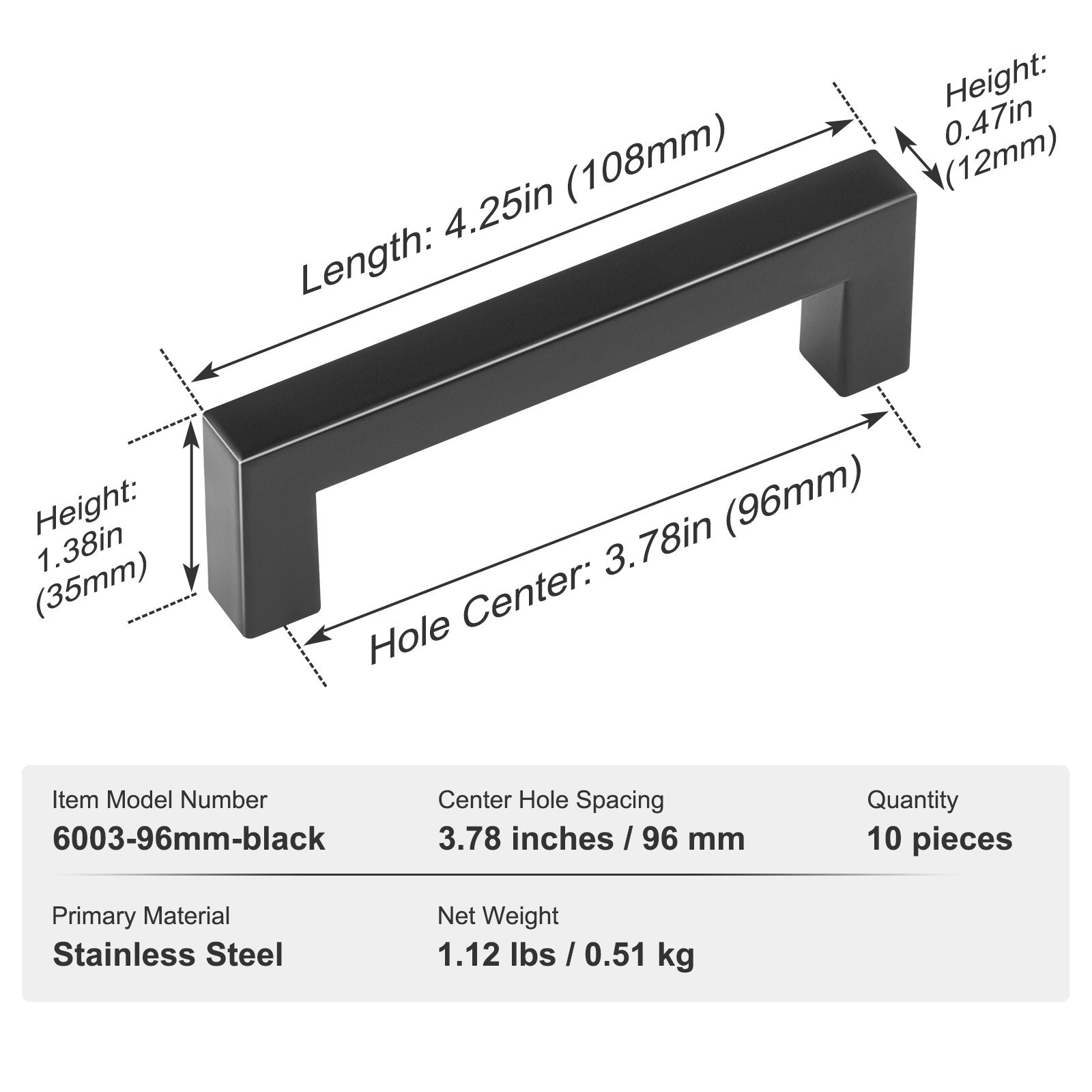 10 Pack Slim Square Cabinet Pulls, 3.86in/96mm Matte Black Stainless Steel Handles for Kitchen, Bathroom, Bar, Modern Cupboard Drawer Hardware