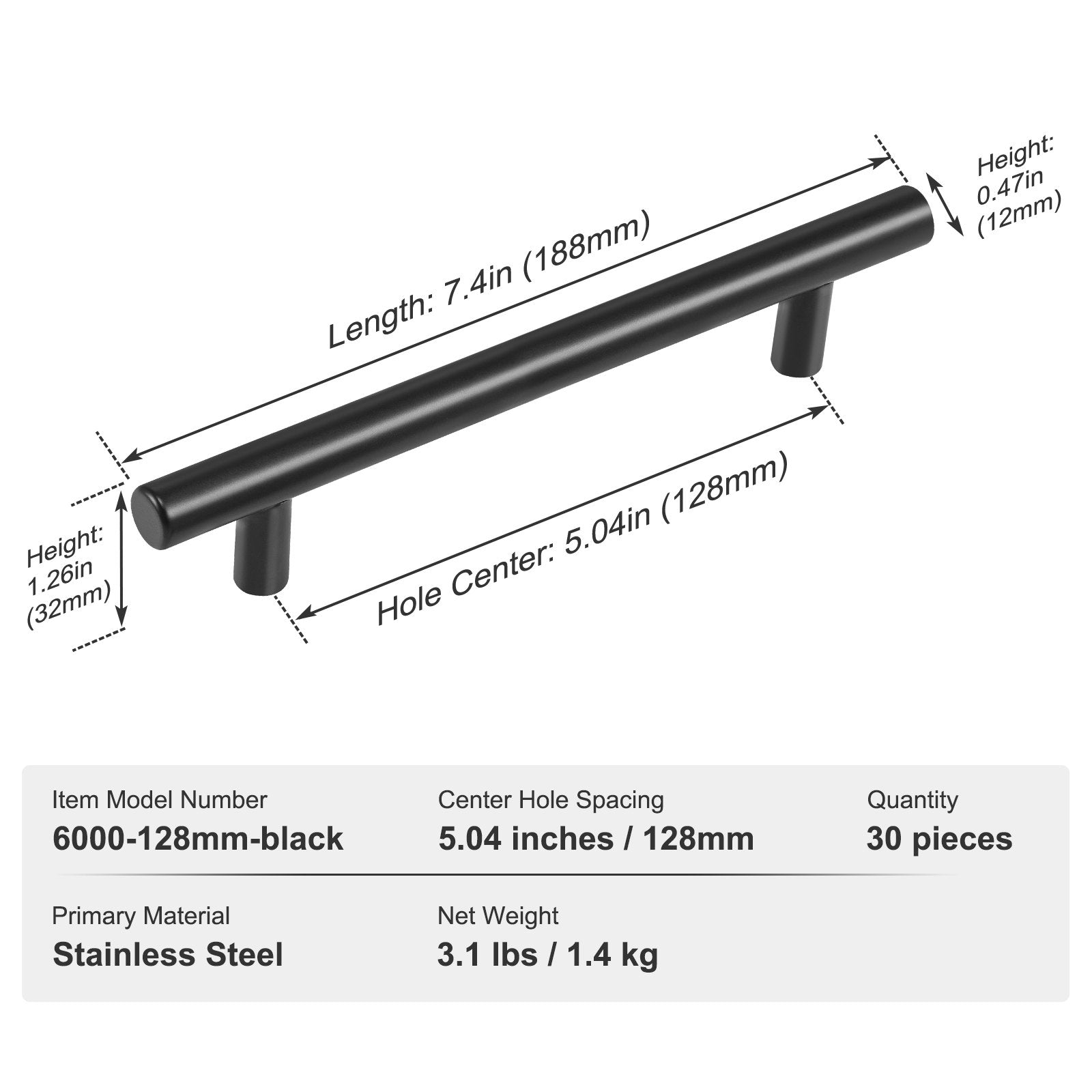 30 Pack Matte Black Cabinet Pulls - Modern Stainless Steel Handles for Kitchen, Bathroom, Bar; 5.03in/128mm Center, Easy Install, Durable