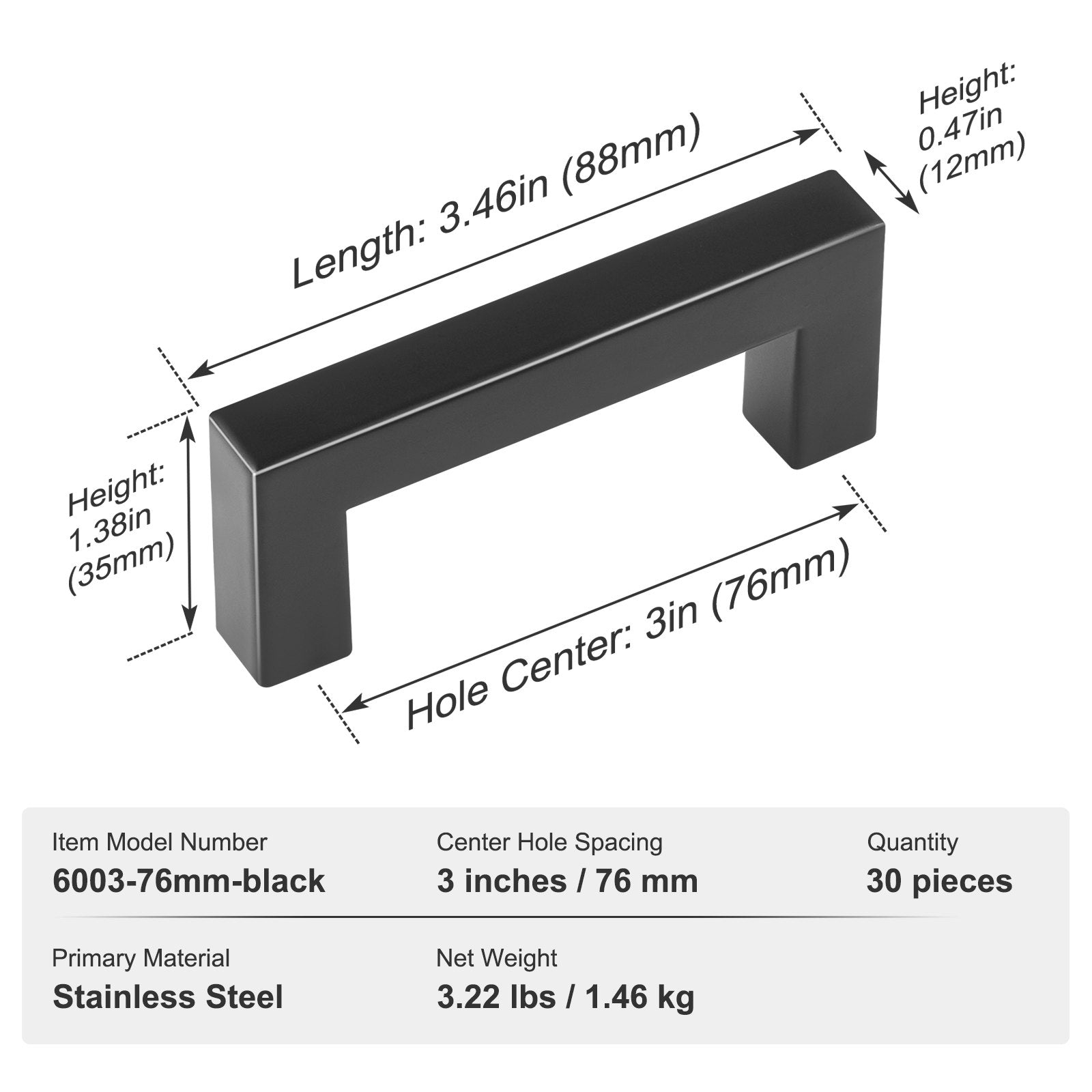 30 Pack Matte Black Cabinet Pulls, 3in Center to Center, Modern Stainless Steel Handles for Kitchen, Bathroom, Bar, Cupboard, Drawer, Door Hardware