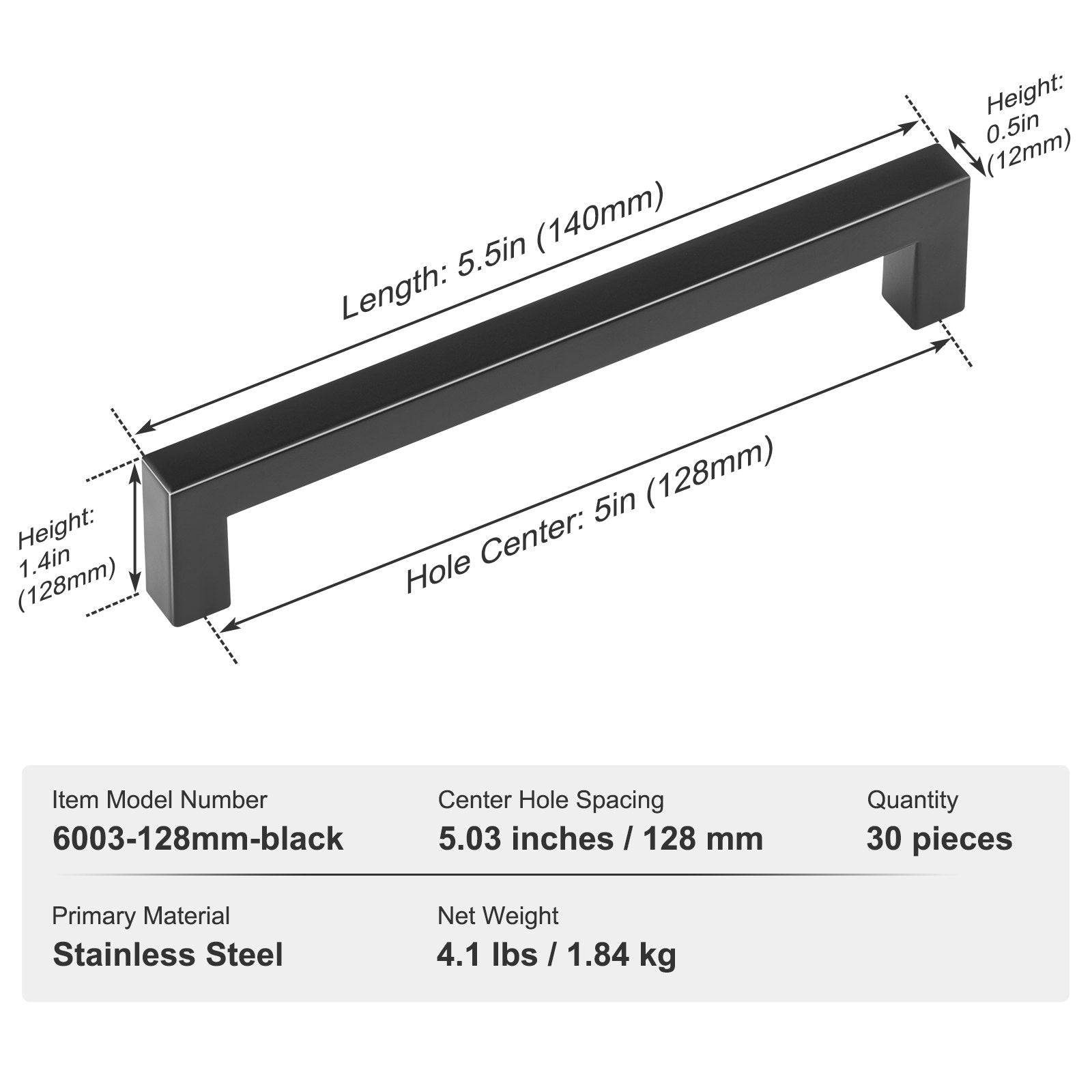 30 Pack Modern Matte Black Cabinet Pulls, 5.03in Center to Center, Stainless Steel Handles for Kitchen, Bathroom, Bar, and Cupboard Doors