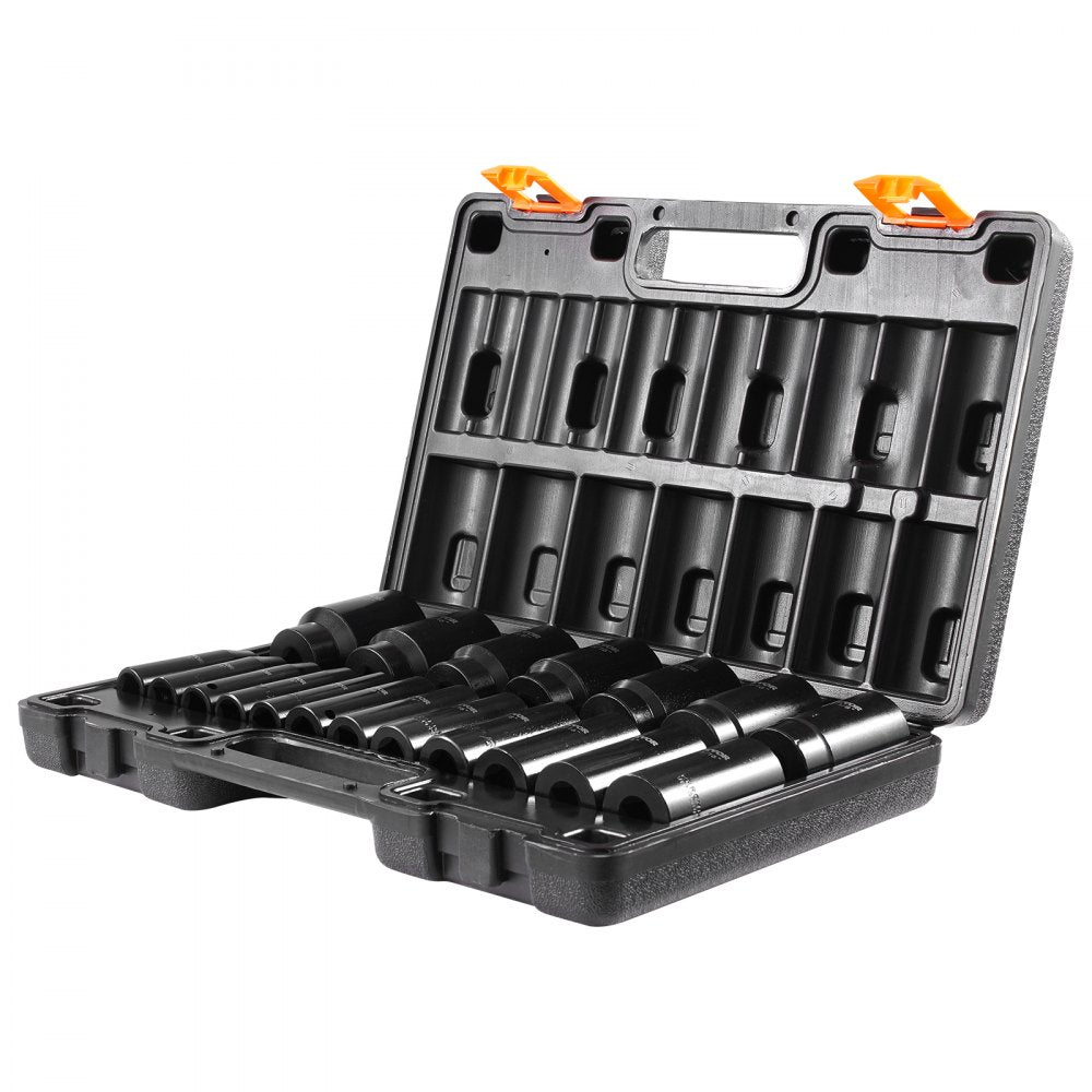 VEVOR Impact Socket Set 1/2 Inches 19 Piece Impact Sockets, Deep Socket, 6-Point Sockets, Rugged Construction, Cr-V, 1/2 Inches Drive Socket Set Impact 3/8 inch - 1-1/2 inch, with a Storage Cage