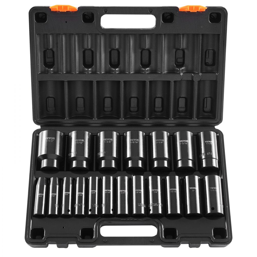 VEVOR Impact Socket Set 1/2 Inches 19 Piece Impact Sockets, Deep Socket, 6-Point Sockets, Rugged Construction, Cr-V, 1/2 Inches Drive Socket Set Impact 3/8 inch - 1-1/2 inch, with a Storage Cage