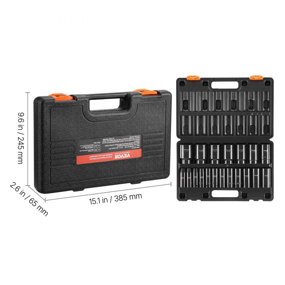 VEVOR Impact Socket Set 1/2 Inches 19 Piece Impact Sockets, Deep Socket, 6-Point Sockets, Rugged Construction, Cr-V, 1/2 Inches Drive Socket Set Impact 3/8 inch - 1-1/2 inch, with a Storage Cage