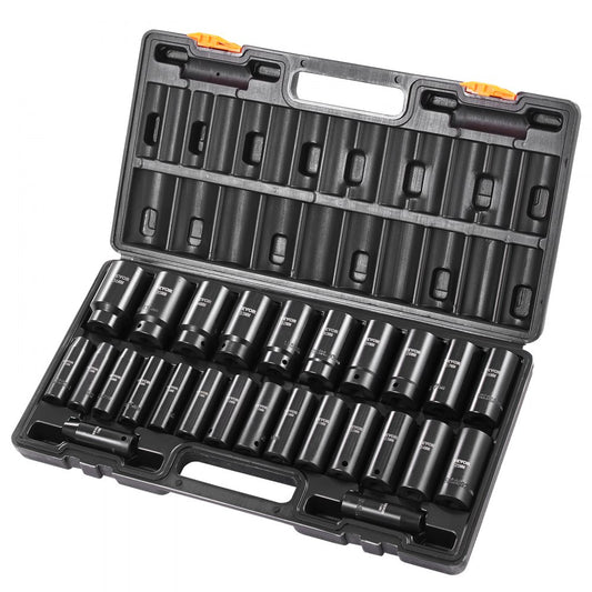 26-Piece 1/2-Inch Drive Deep Impact Socket Set, 6-Point Metric Cr-V Sockets Ranging from 10mm to 36mm, Includes Durable Storage Cage