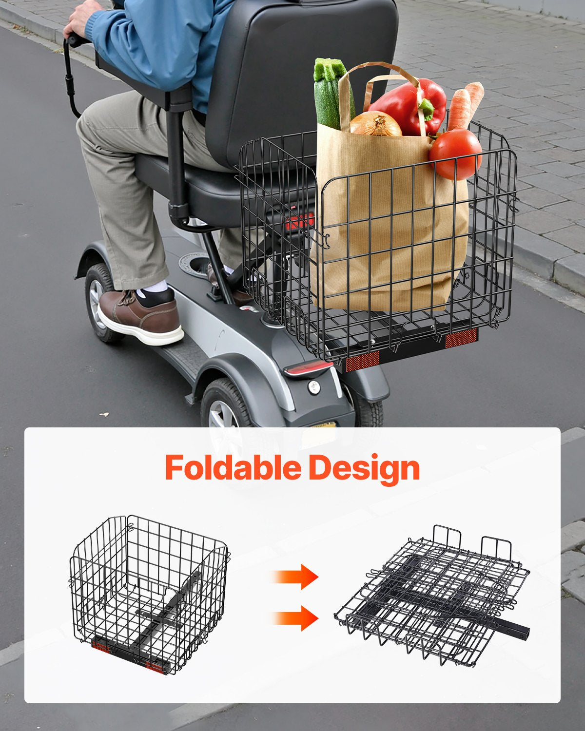 Foldable Heavy Duty Rear Scooter Basket for Groceries & Pets, Fits 1-Inch Receiver, Compatible with Golden, Drive, Pride Mobility Models