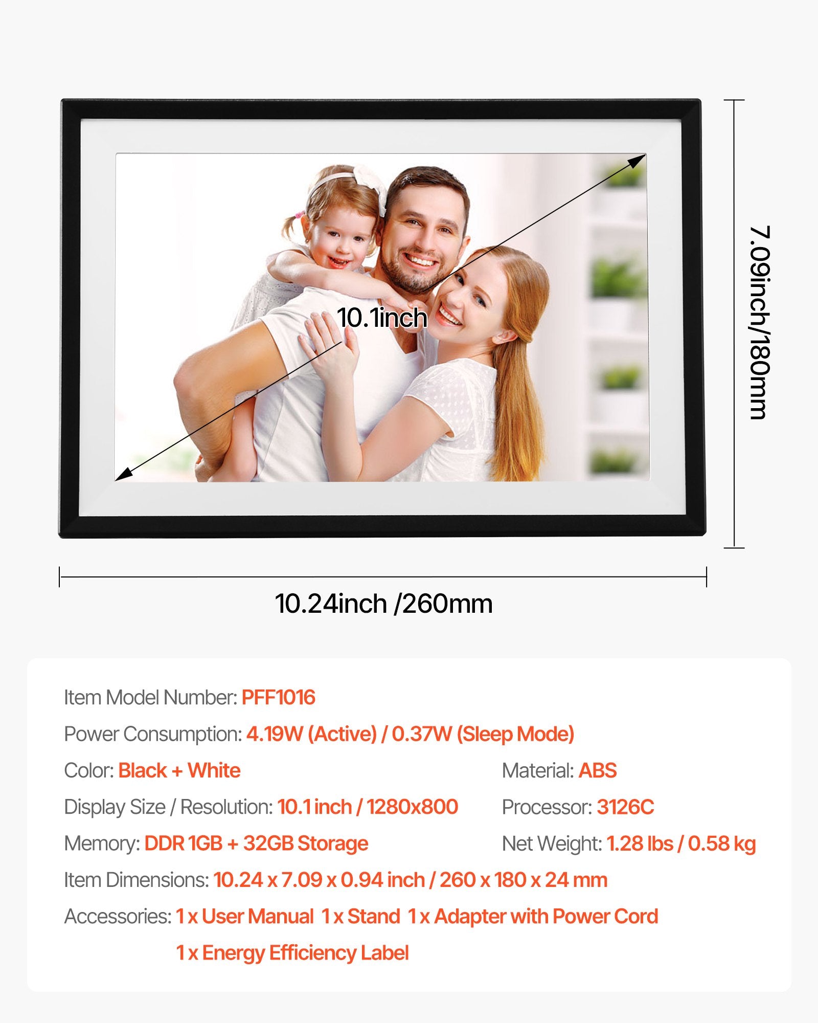 10.1 Inch HD IPS Touch Screen Digital Photo Frame with 32GB Memory, Auto-Rotate, Instant Photo/Video Sharing via App, Perfect for Gifting