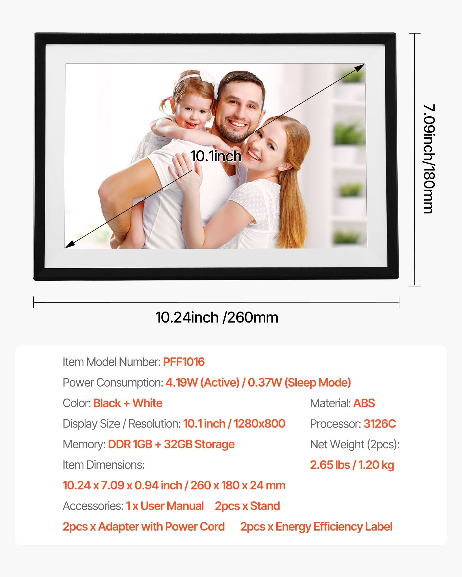 10.1" HD IPS Touchscreen Digital Photo Frame Set, 32GB Storage, Auto-Rotate, Instant Sharing via App, Perfect for Family & Friends