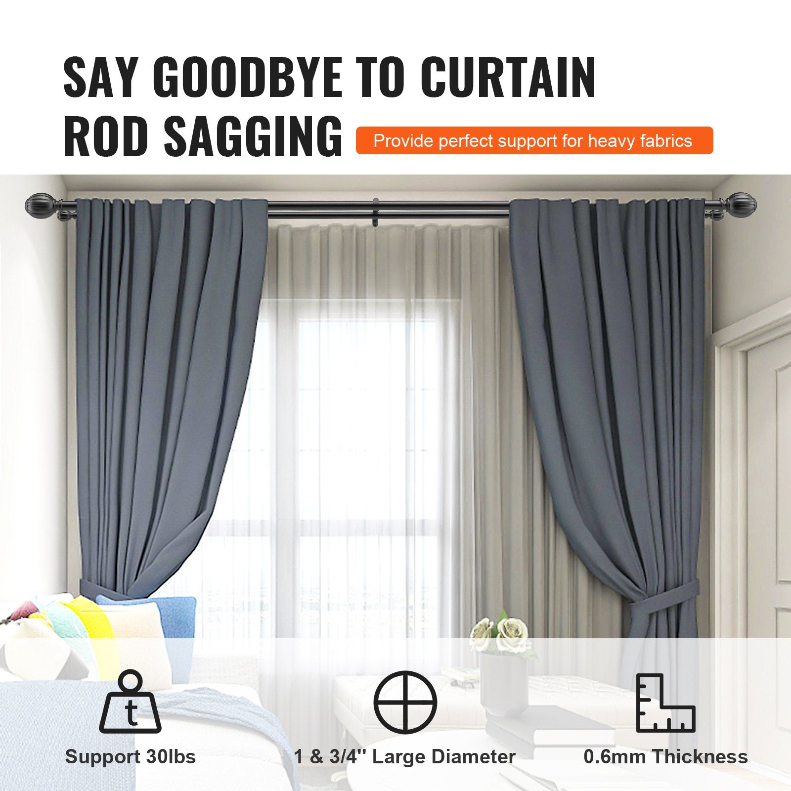 Adjustable Double Curtain Rods, 36-72 Inches, Black with Round Finials, 1" & 3/4" Diameter for Sheer and Blackout Drapes, Modern Style