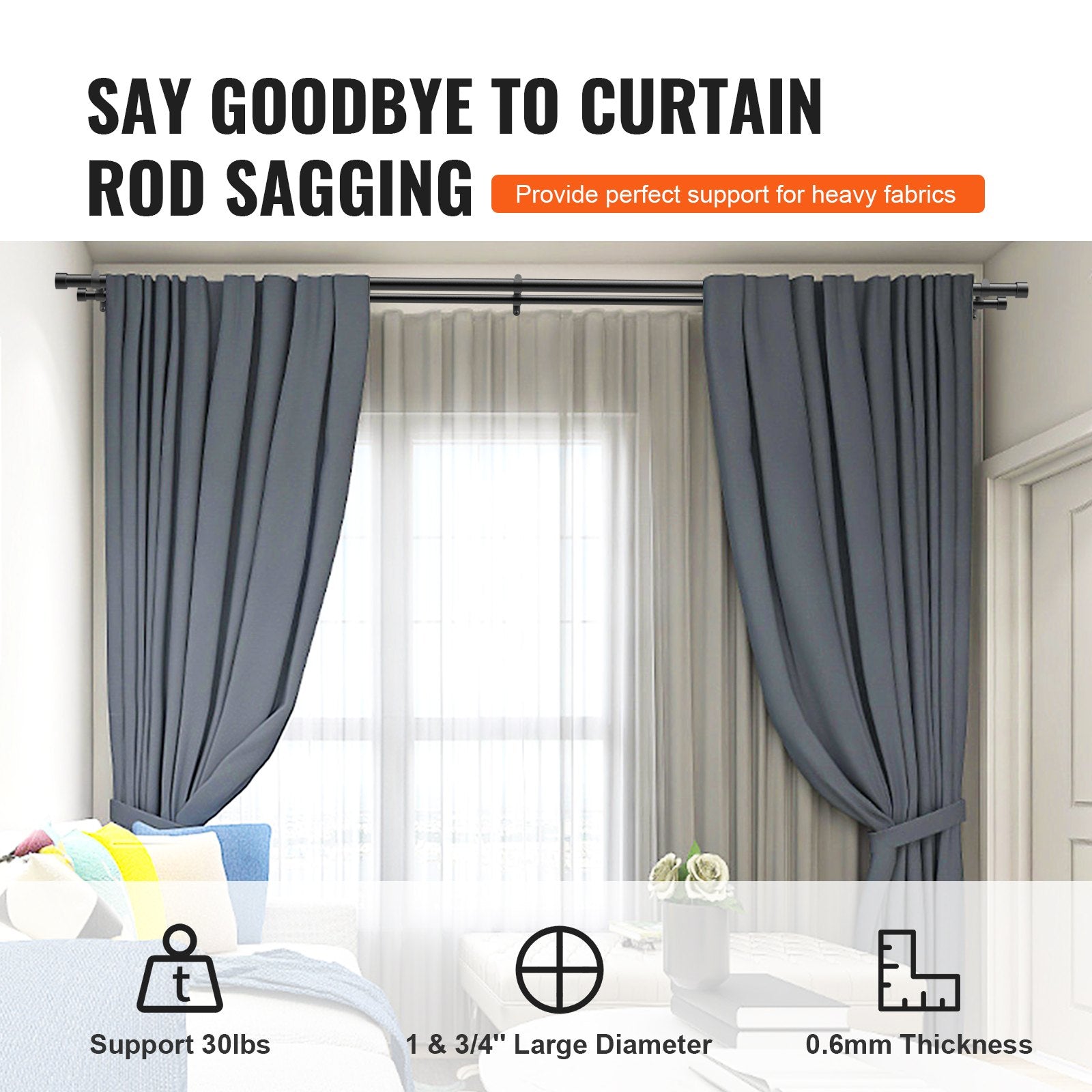 Adjustable Double Curtain Rods, 36-72 Inches, Black with Cap Finials, Ideal for Sheer & Blackout Drapes, 1" & 3/4" Diameter, Durable Steel Construction