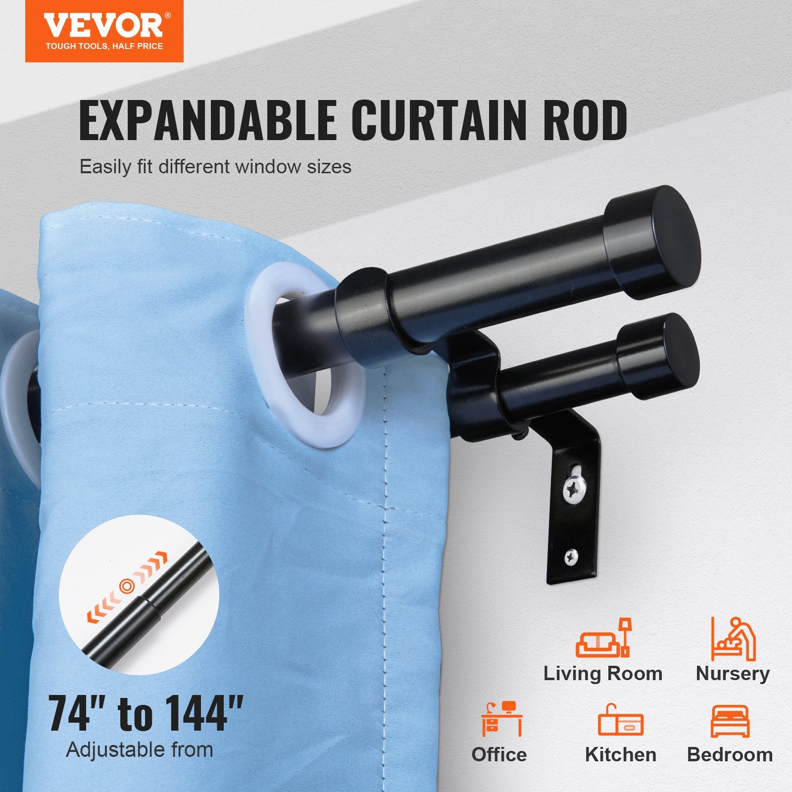 Adjustable Double Curtain Rods with Cap Finials, 72-144 Inches, Black Steel, 1" & 3/4" Diameter for Sheer & Blackout Drapes, Modern Design