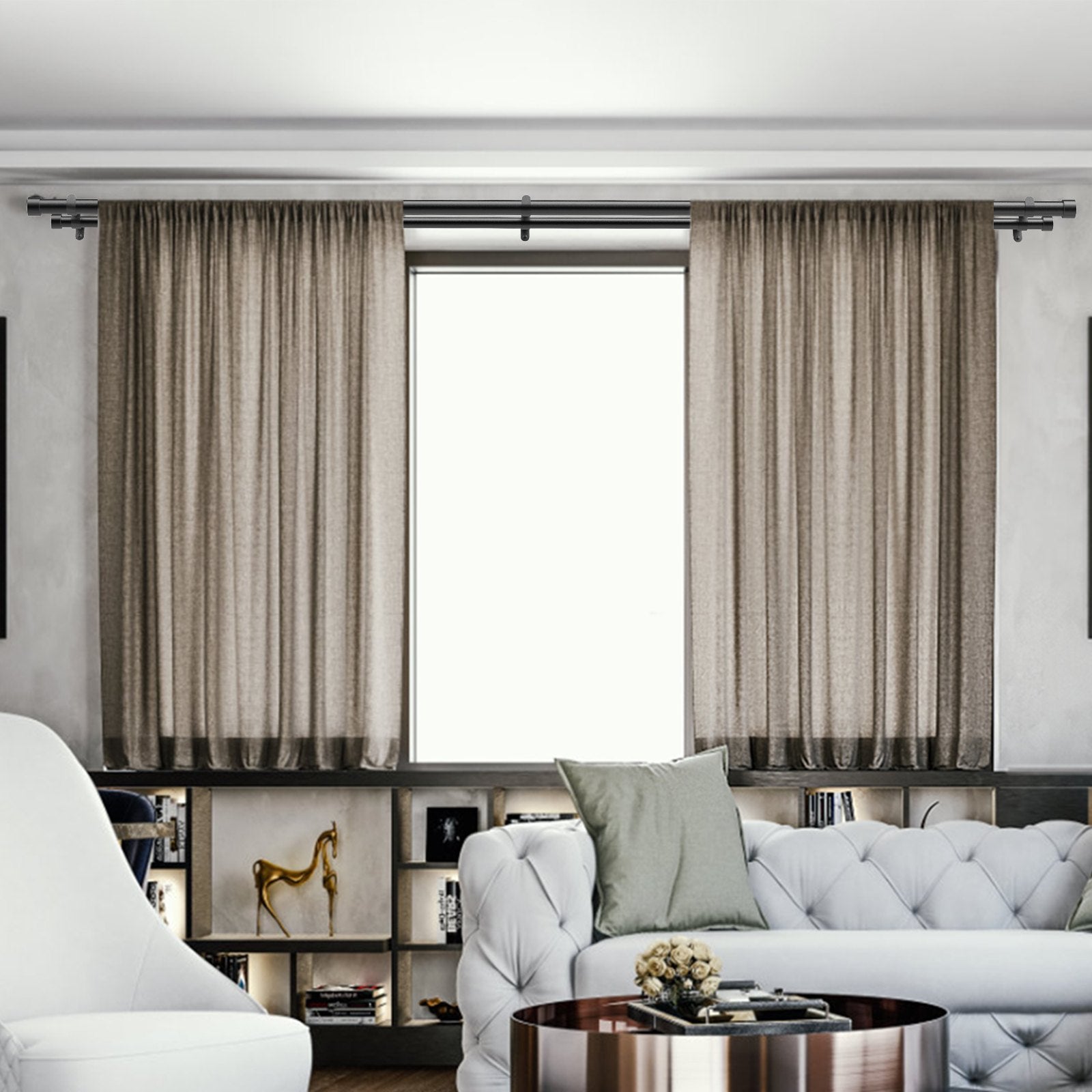 Adjustable Double Curtain Rods with Cap Finials, 72-144 Inches, Black Steel, 1" & 3/4" Diameter for Sheer & Blackout Drapes, Modern Design