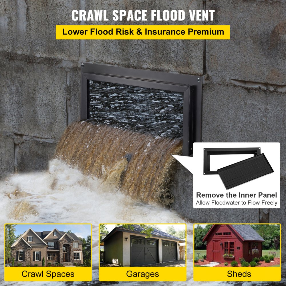 Adjustable Flood Vent for Crawl Space and Foundation Protection, 8"x16" Wall Installation