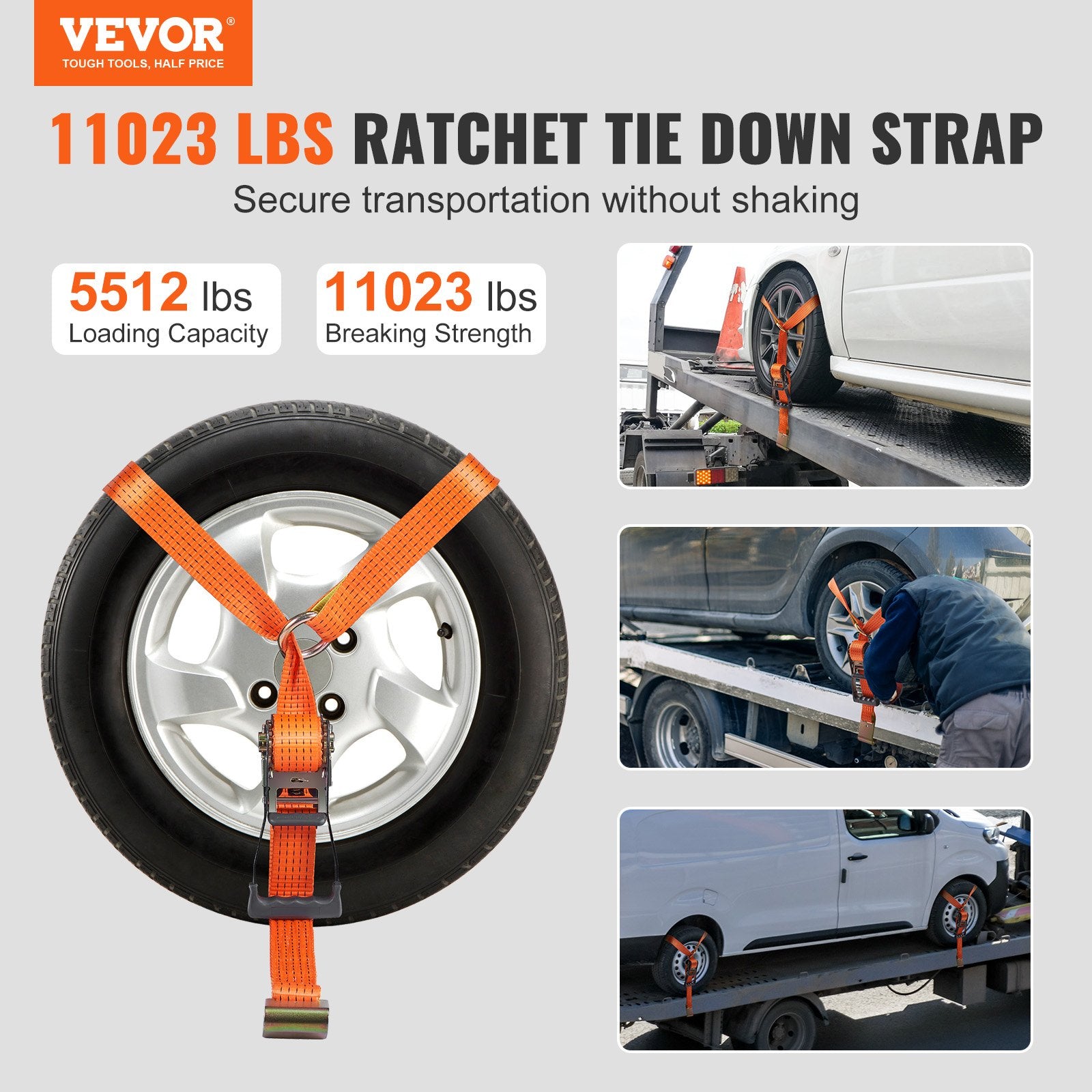 Heavy-Duty Car Tie Down Straps Kit, Lasso Style, 2" x 120" with Flat Hooks, 5512 LBS Load, 11023 LBS Breaking Strength for Cars, ATV, SUV, UTV, Trailers