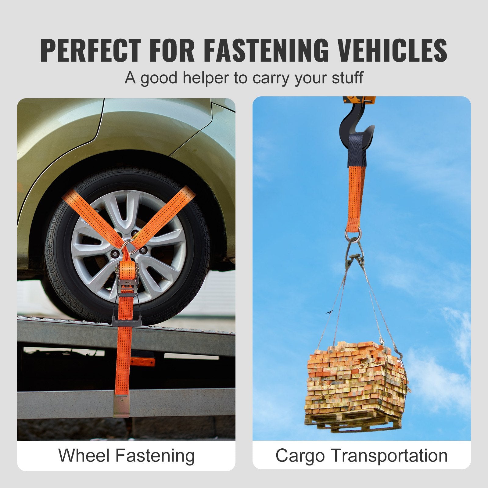 Heavy-Duty Car Tie Down Straps Kit, Lasso Style, 2" x 120" with Flat Hooks, 5512 LBS Load, 11023 LBS Breaking Strength for Cars, ATV, SUV, UTV, Trailers