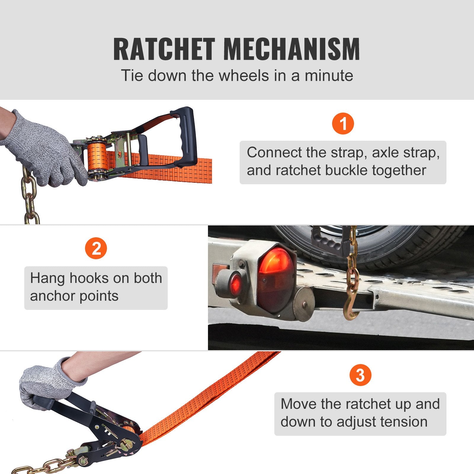 Heavy-Duty Car Tie Down Straps with Chain Hooks for Trailers – High Capacity, Durable Polyester, Secure and Easy Operation, 5865 lbs Capacity