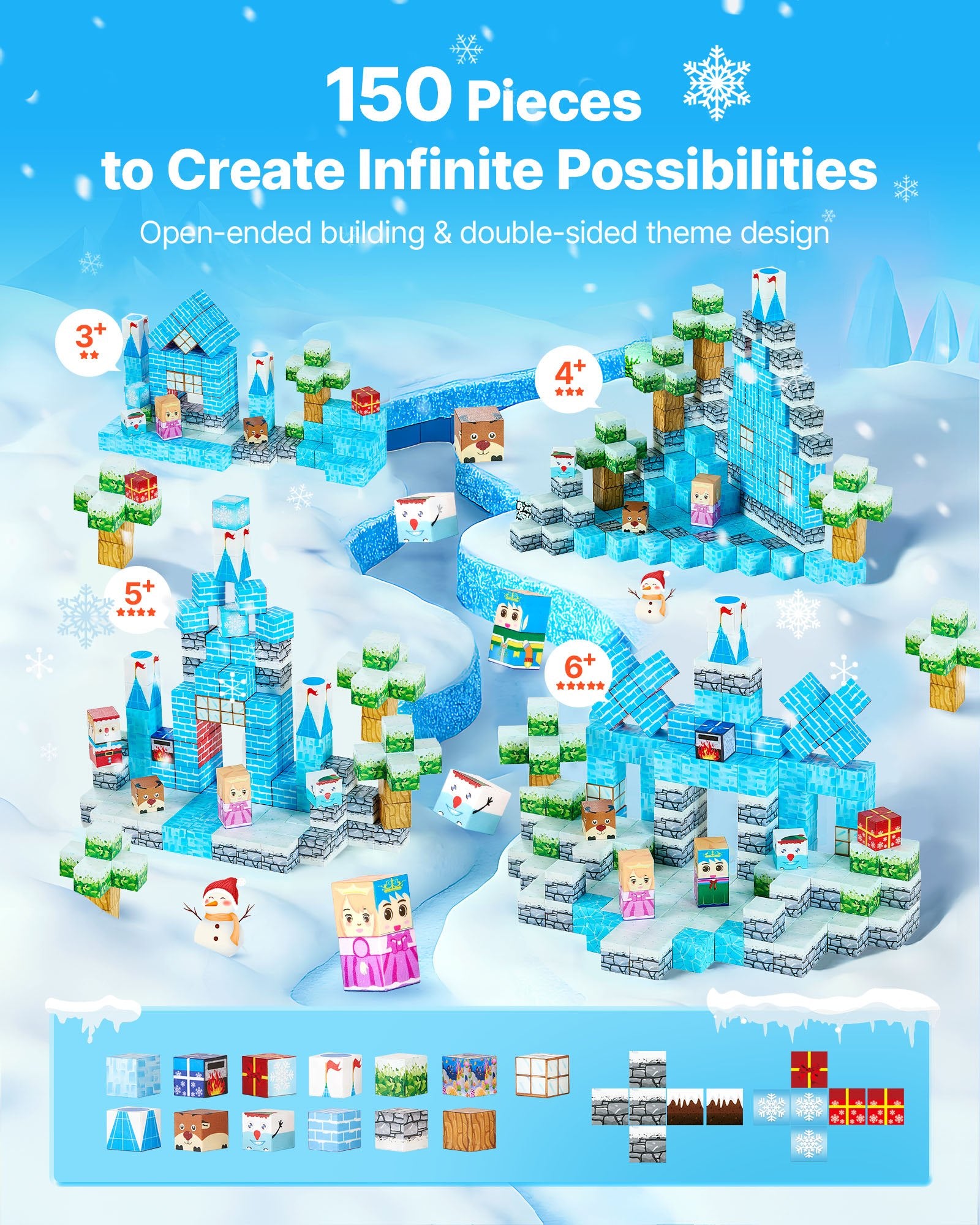 Magnetic Building Blocks Glacier Castle Set - 150 PCS STEM Montessori Sensory Toy for Kids, Perfect Christmas Birthday Gift for Boys & Girls 3+