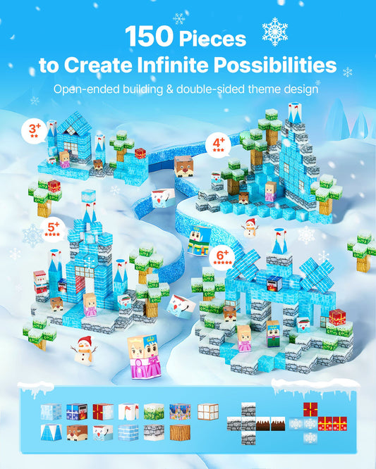 Magnetic Building Blocks Glacier Castle Set - 150 PCS STEM Montessori Sensory Toy for Kids, Perfect Christmas Birthday Gift for Boys & Girls 3+