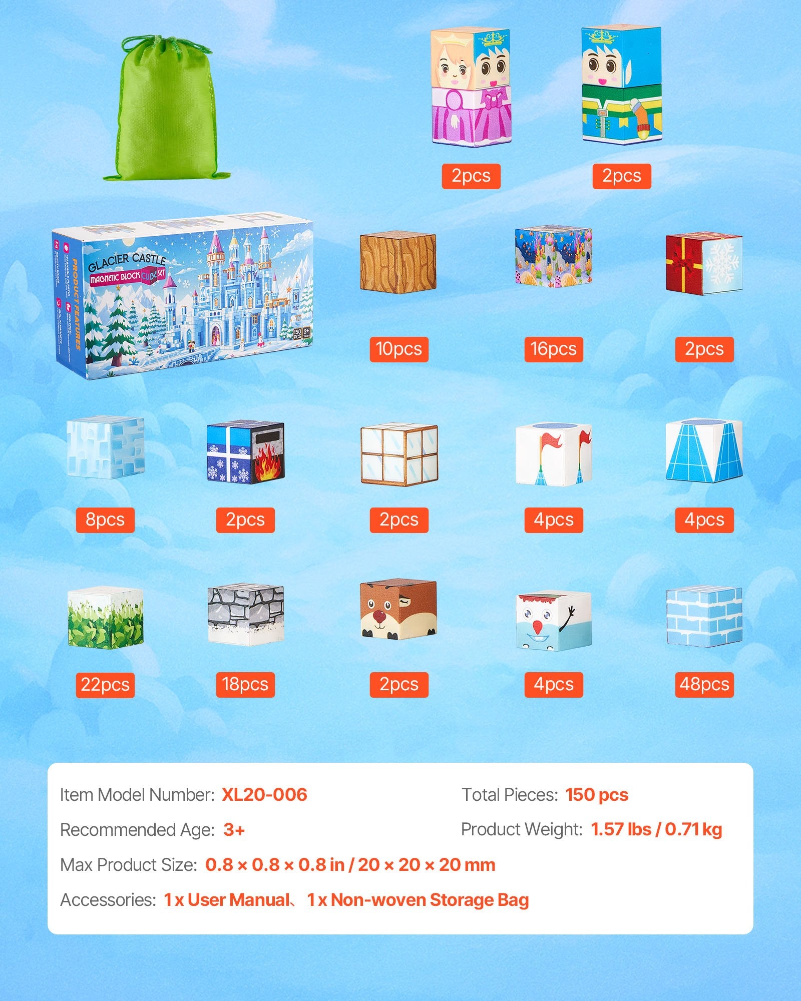 Magnetic Building Blocks Glacier Castle Set - 150 PCS STEM Montessori Sensory Toy for Kids, Perfect Christmas Birthday Gift for Boys & Girls 3+