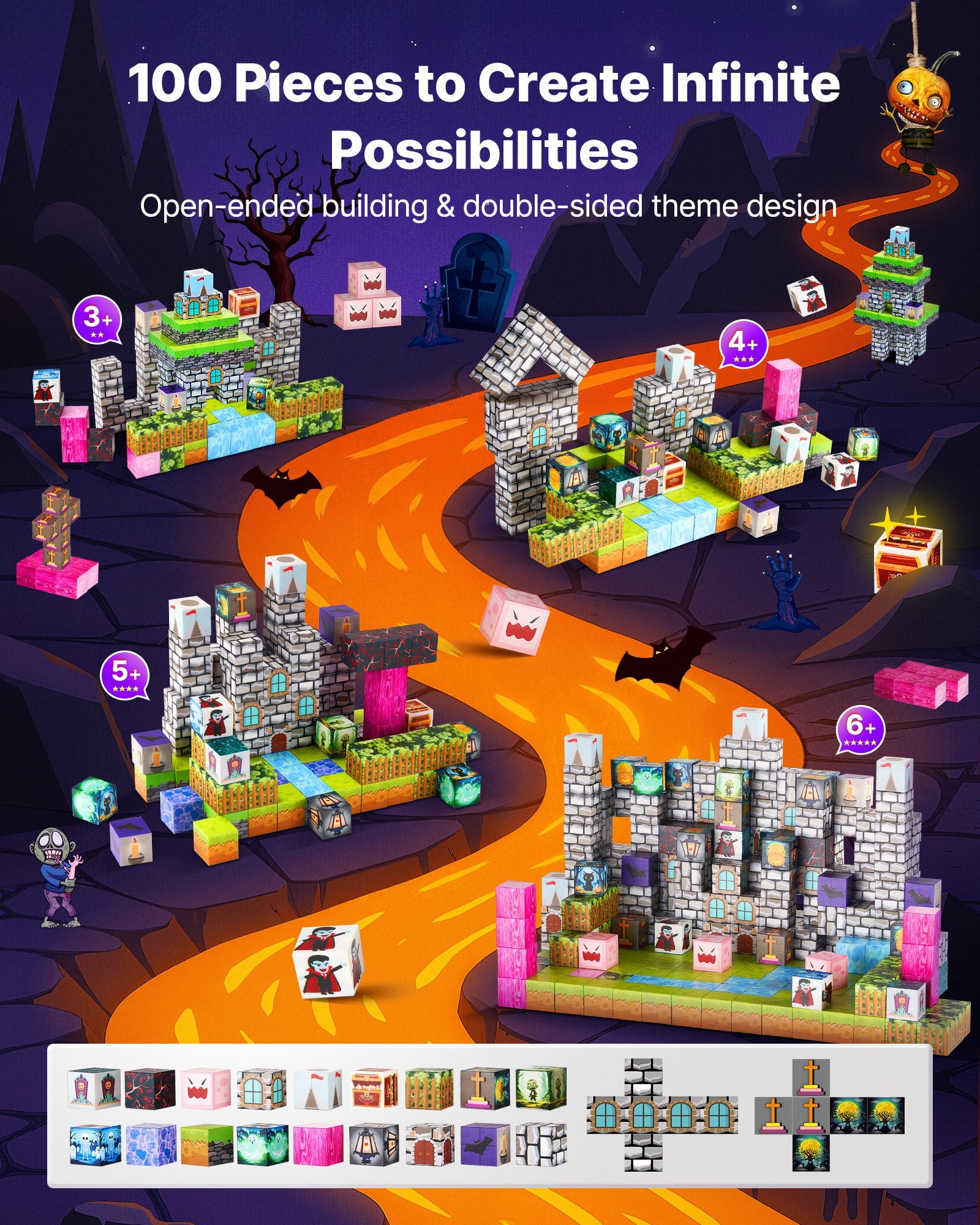 Magnetic Building Blocks Set for Kids, 100 PCS Zombie Cemetery Theme, STEM Montessori Toys, Perfect Christmas & Birthday Gift for 3+ Years Old Boys & Girls