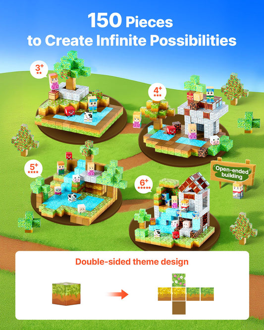 Magnetic Forest Castle Blocks Set, 150 PCS Building Cubes for Kids, STEM Montessori Toys, Christmas Birthday Gift, Construction Stacking for 3+ Boys & Girls