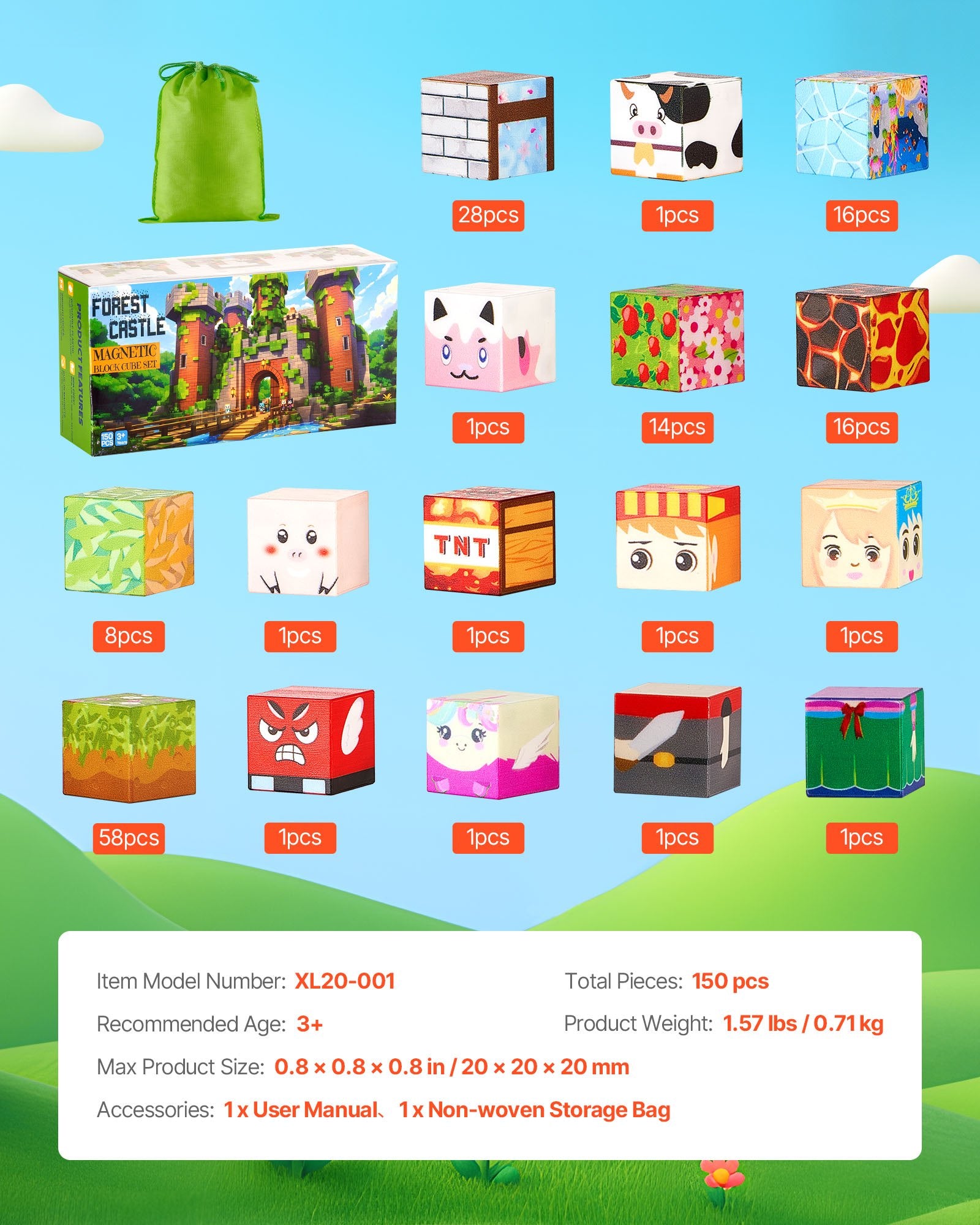 Magnetic Forest Castle Blocks Set, 150 PCS Building Cubes for Kids, STEM Montessori Toys, Christmas Birthday Gift, Construction Stacking for 3+ Boys & Girls