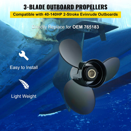 Durable 3-Blade Aluminum Outboard Propeller, 13 1/4" x 17" Pitch, Fits 40-140HP Evinrude 2-Stroke, OEM 765183, 13 Tooth Splines, Right-Hand Rotation