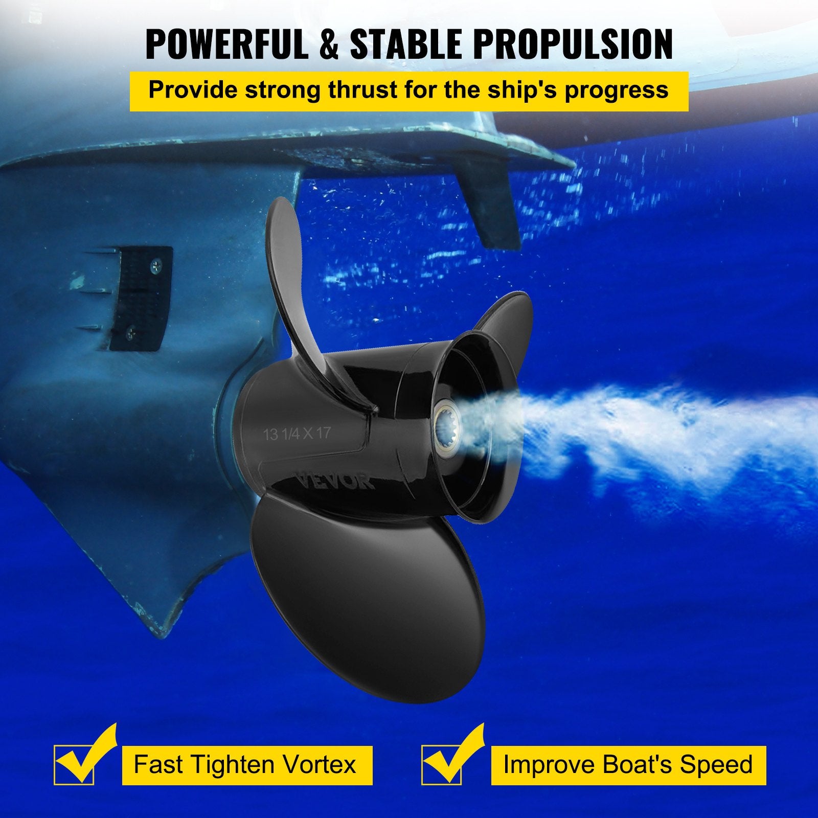 Durable 3-Blade Aluminum Outboard Propeller, 13 1/4" x 17" Pitch, Fits 40-140HP Evinrude 2-Stroke, OEM 765183, 13 Tooth Splines, Right-Hand Rotation