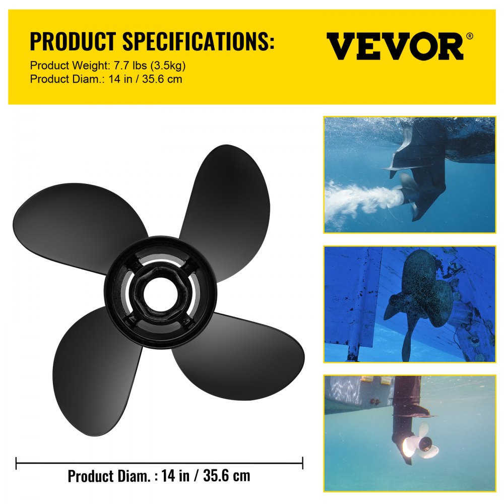 VEVOR Outboard Propeller, Replace for OEM 48-8M0084495, 4 Blades 14" x 19" Aluminium Boat Propeller, Compatible w/ 135-300HP 2-Stroke & 4-Stroke Outboards, Alpha&Bravo I Stern-Drives, RH