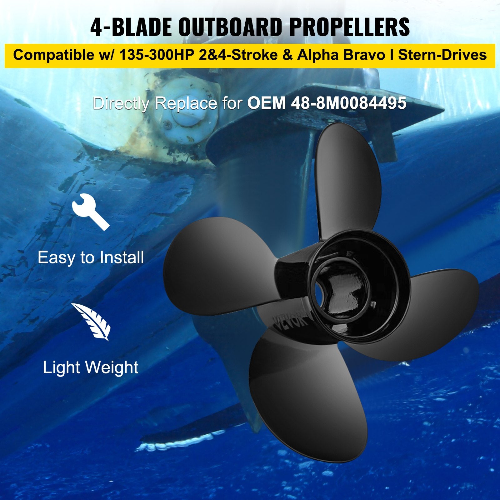 High-Performance 4-Blade Aluminum Boat Propeller, 14"x19", Fits 135-300HP Outboards & Stern Drives, OEM Replacement 48-8M0084495