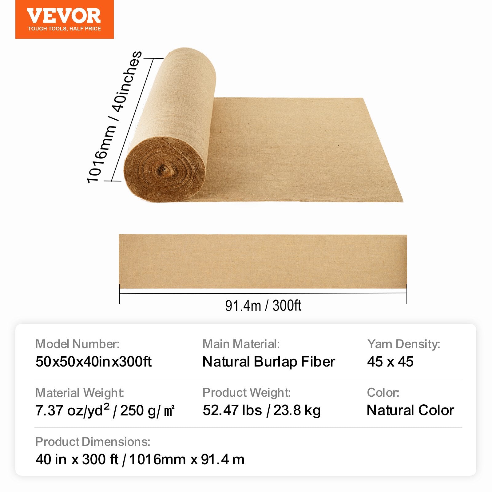 Natural Burlap Fabric Roll 40"x300ft, High Density 50x50 Jute for Crafts, Weddings, Gardening, Decor, Plant & Tree Protection