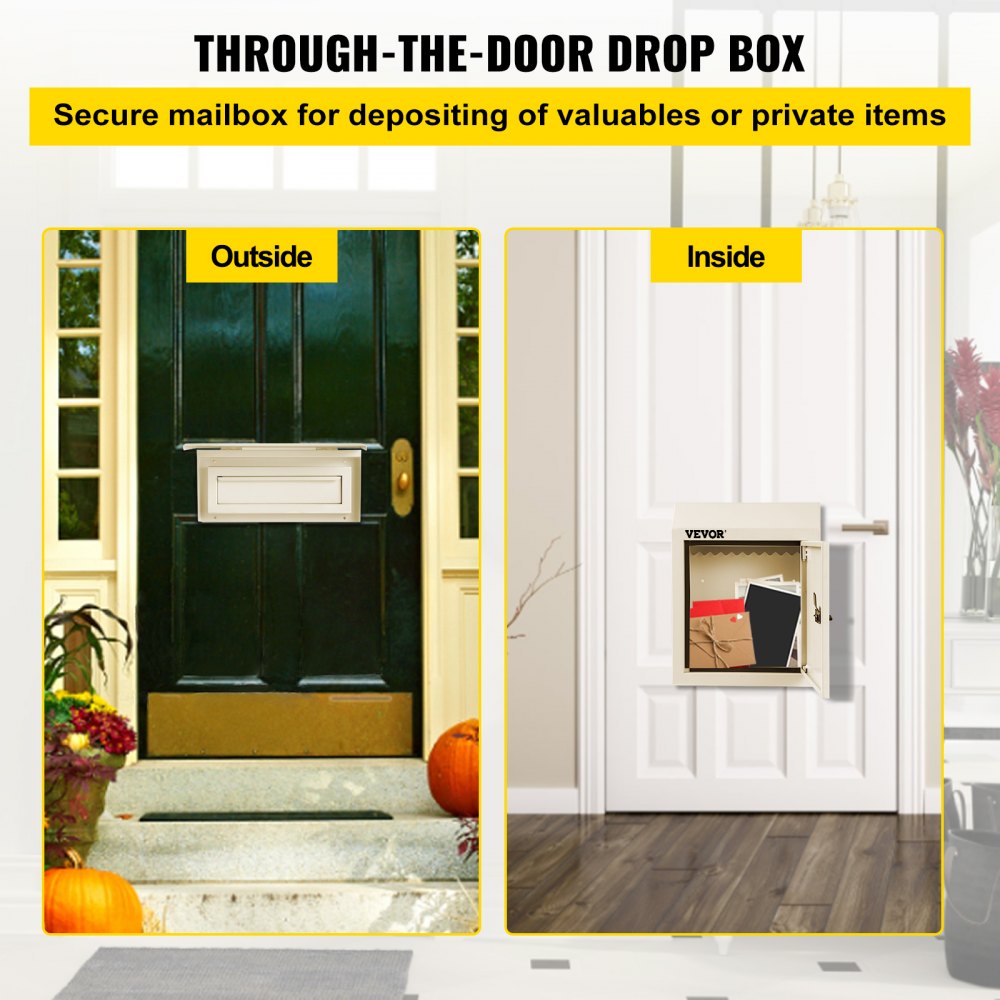 Secure Beige Drop Box for Doors with Through-The-Door Locking System, 11.8''x4.3''x14.2''