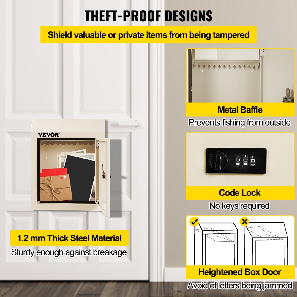 Secure Beige Drop Box for Doors with Through-The-Door Locking System, 11.8''x4.3''x14.2''