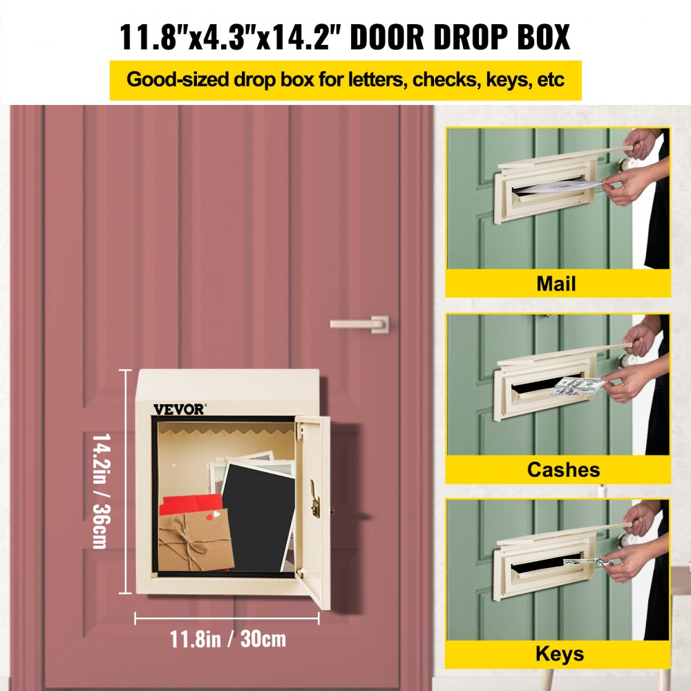 Secure Beige Drop Box for Doors with Through-The-Door Locking System, 11.8''x4.3''x14.2''