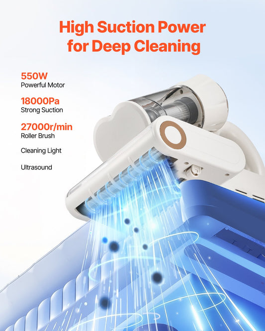 High-Power 550W Mattress Vacuum Cleaner with 18Kpa Suction, Dual Dust Bin, HEPA & Heating, Ultrasound & Cleaning Lights, Handheld for Bed & Sofa