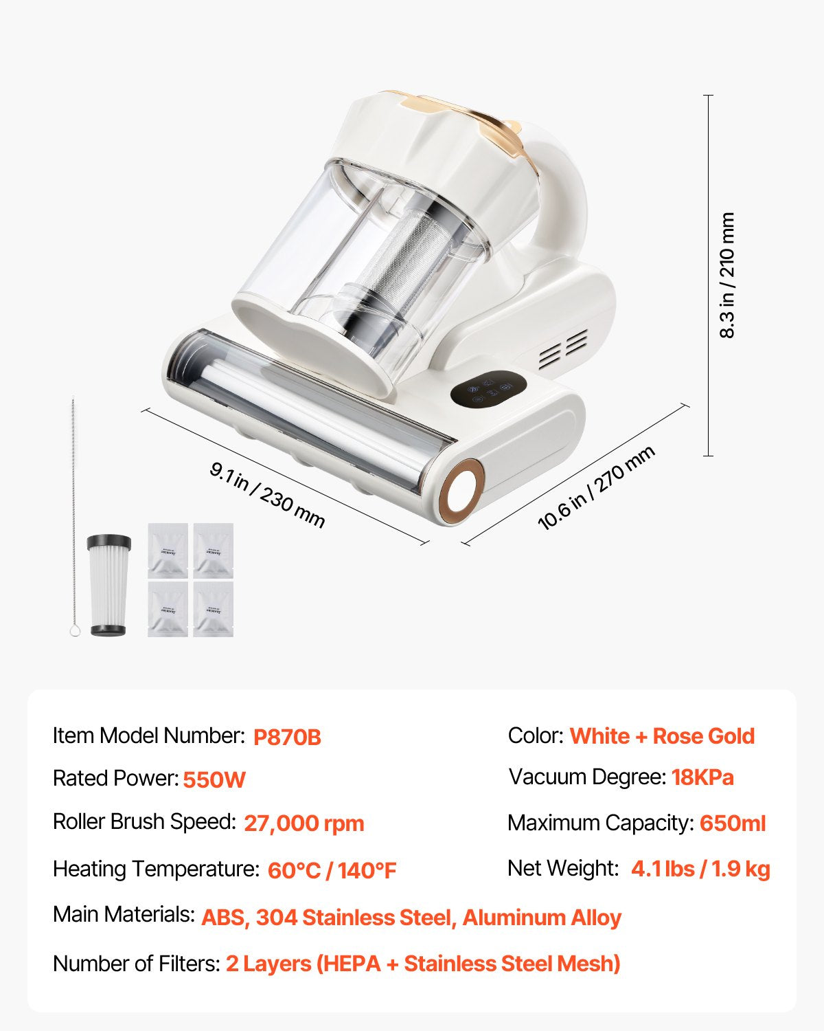 High-Power 550W Mattress Vacuum Cleaner with 18Kpa Suction, Dual Dust Bin, HEPA & Heating, Ultrasound & Cleaning Lights, Handheld for Bed & Sofa